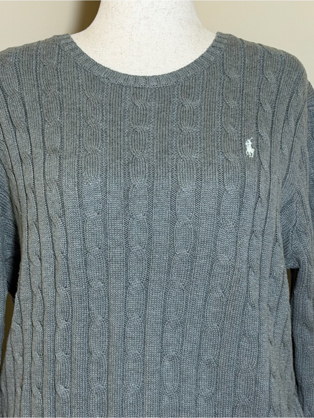 Polo Ralph Lauren Women XL Gray Cable Knit Cotton Sweater Crewneck Pony Logo